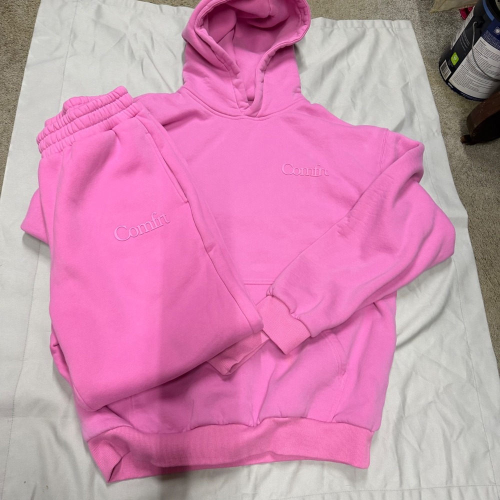 Comfrt Women Pink Hoodie and Joggers Matching Sweatshirt Sweatpants Set Large